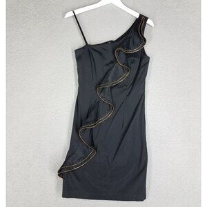 Cache Dress Women's 10 Black Cocktail Party One Shoulder Ruffle Front Stretch